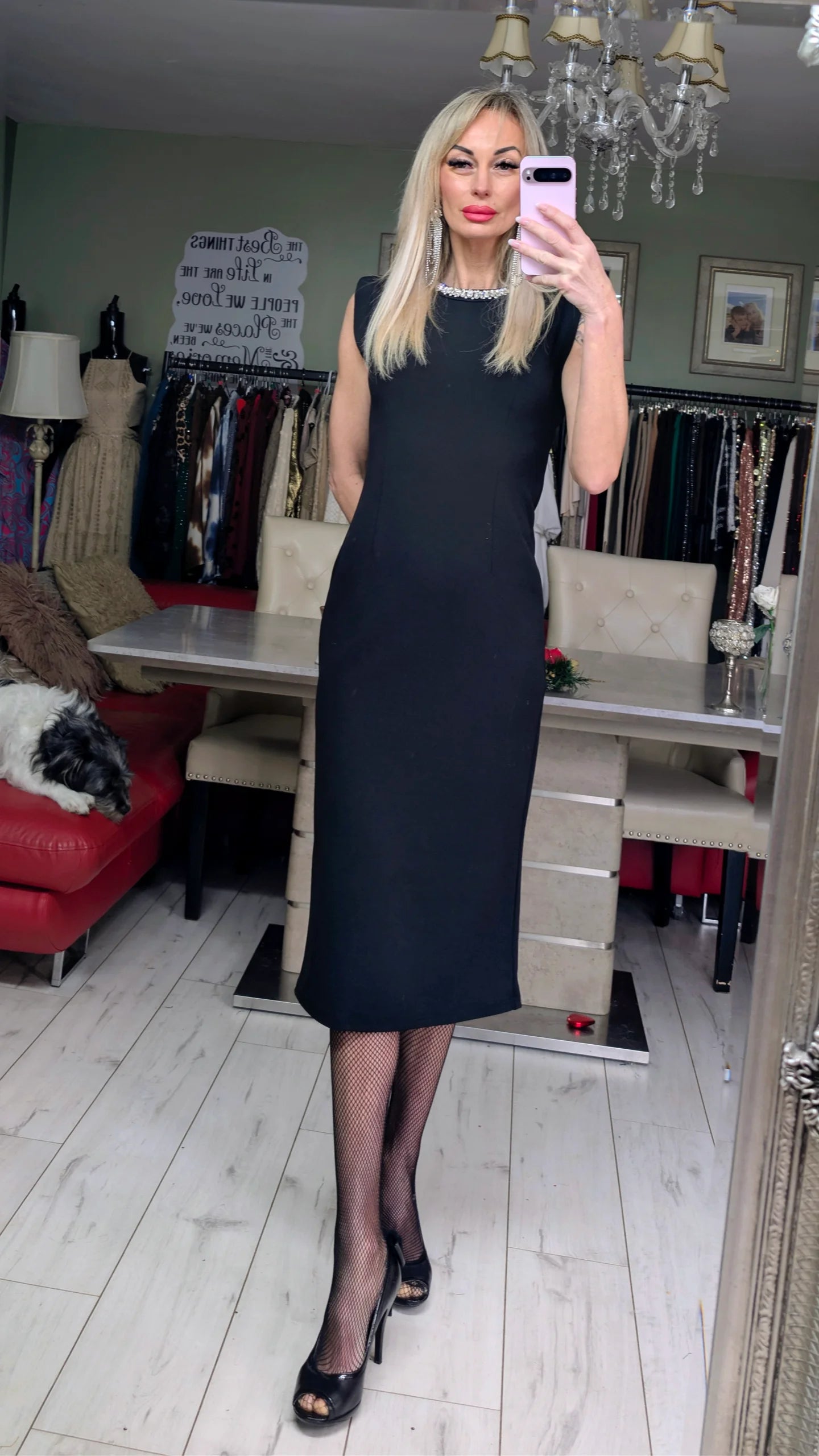 Black Midi Dress With Diamonds Around Neck