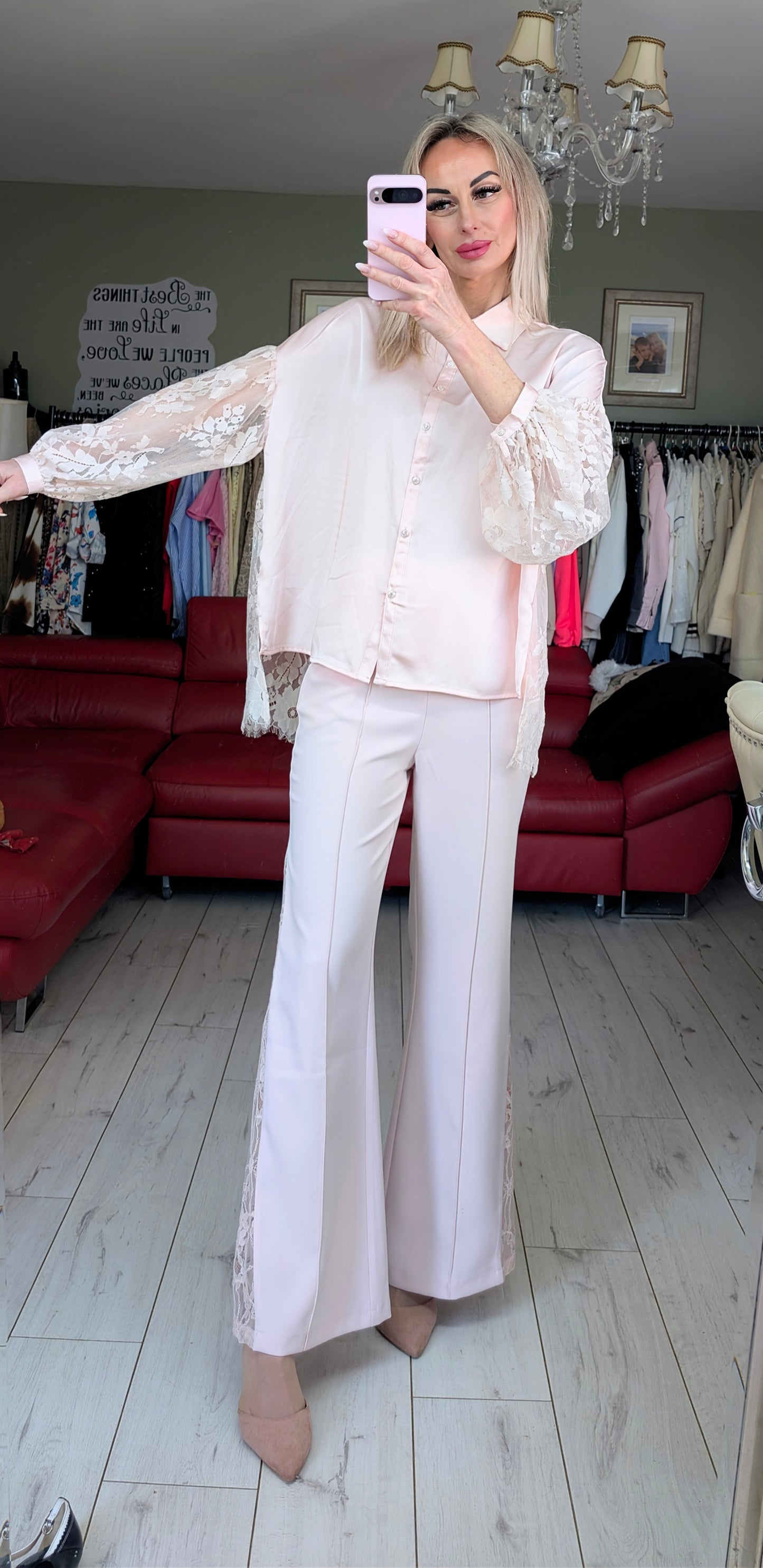 Light Pink Satin And Lace Shirt