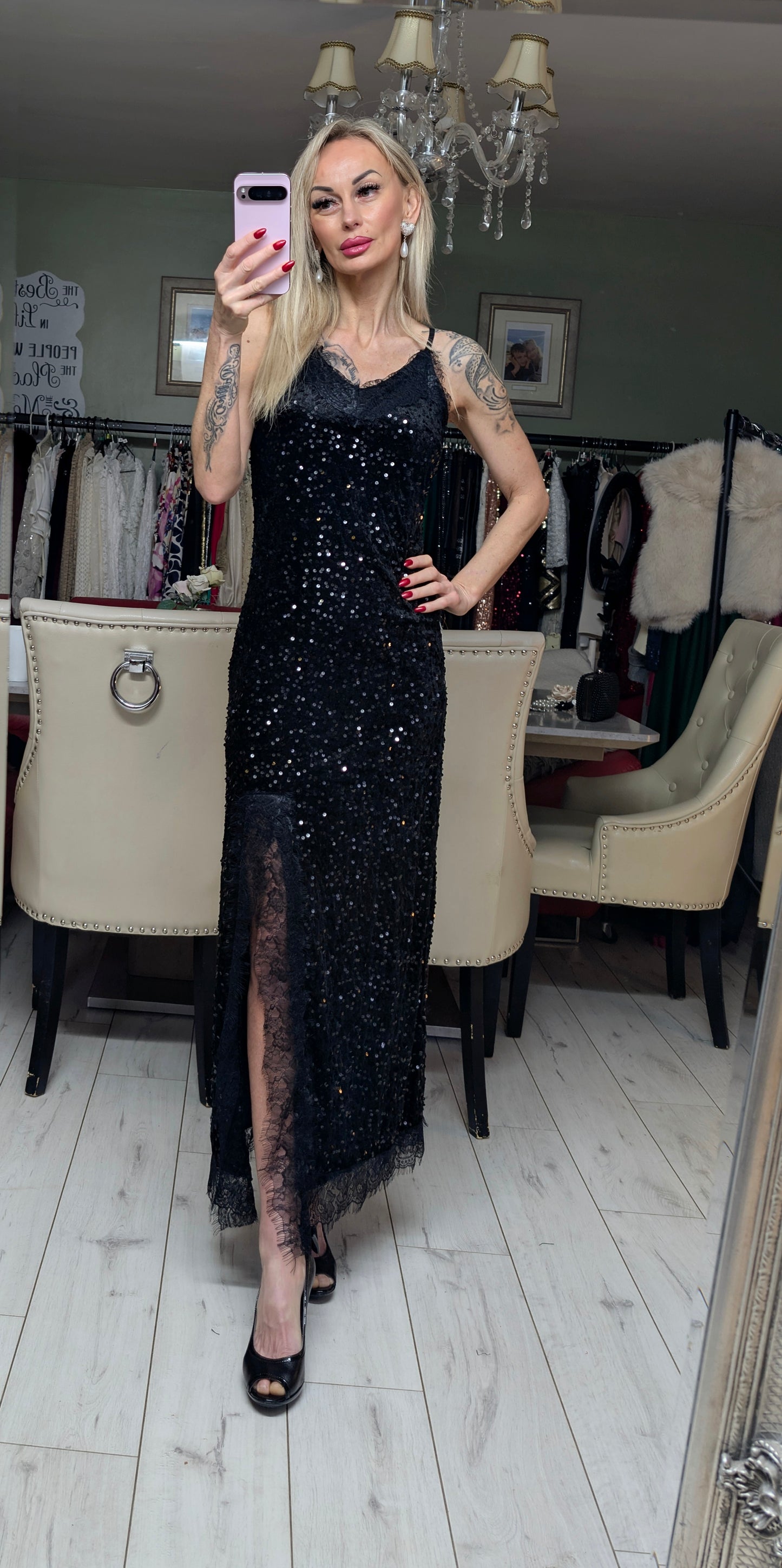 Velvet Sequin Evening Dress With Lace