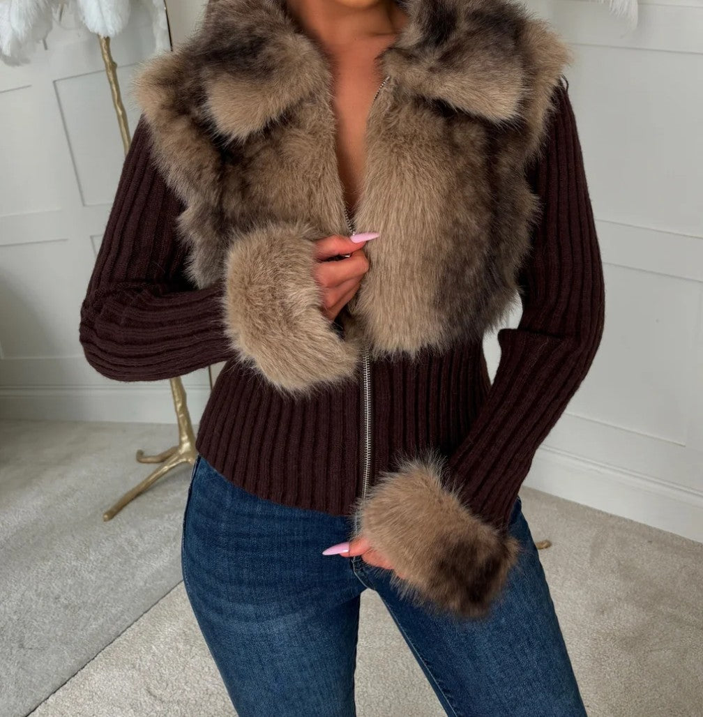 Brown Faux Fur Knitted Zip Jacket