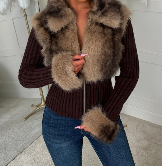 Brown Faux Fur Knitted Zip Jacket