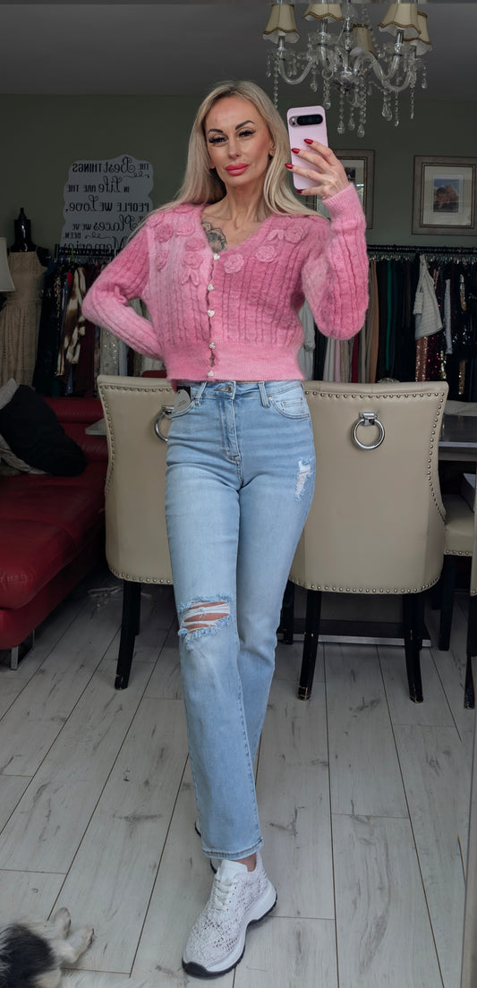 Stunning Ombre Cardigan With 3D Roses And Heart Buttons