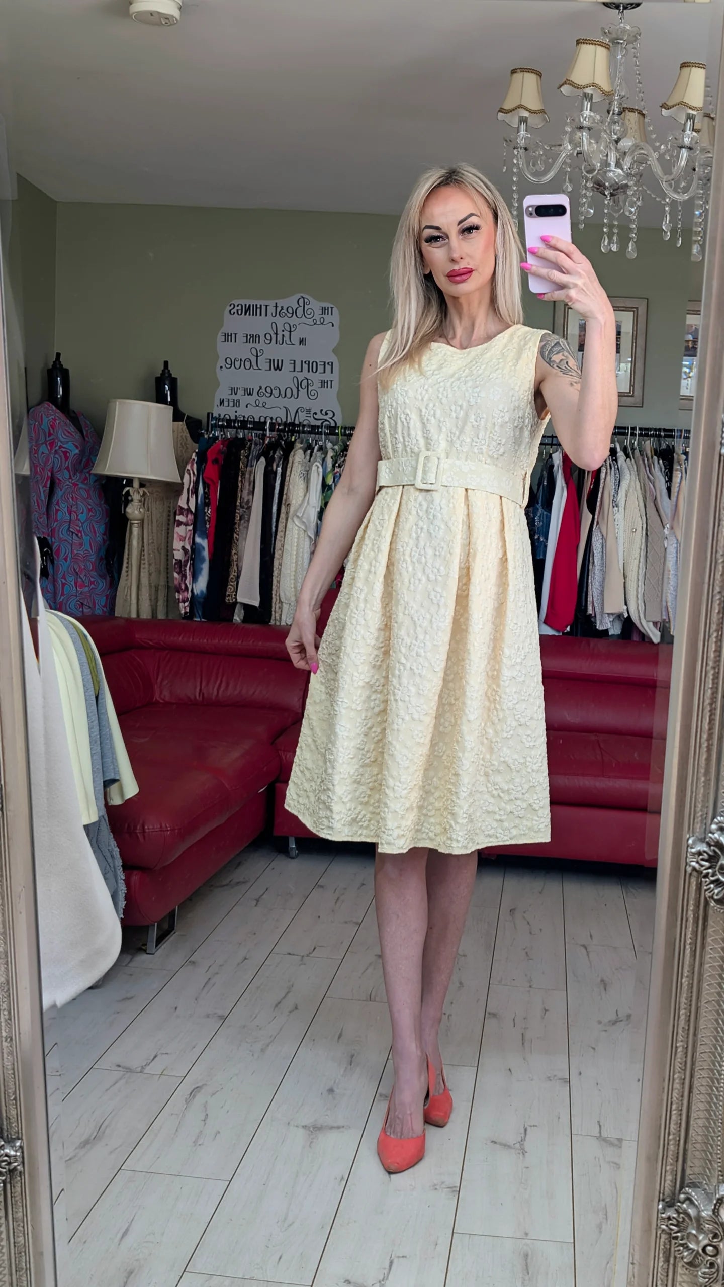 Yellow Midi Dress With White Small Flowers Print