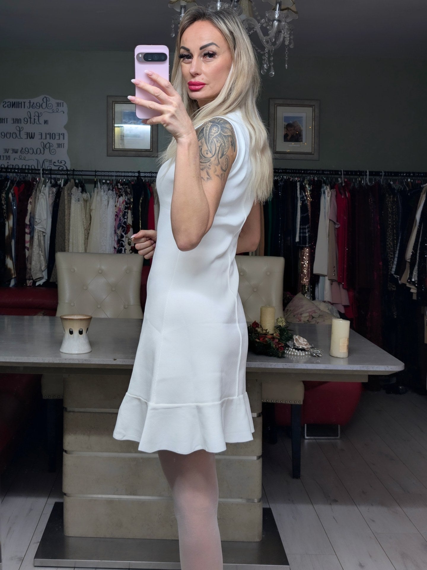 White Dress With Pearls Around Neck
