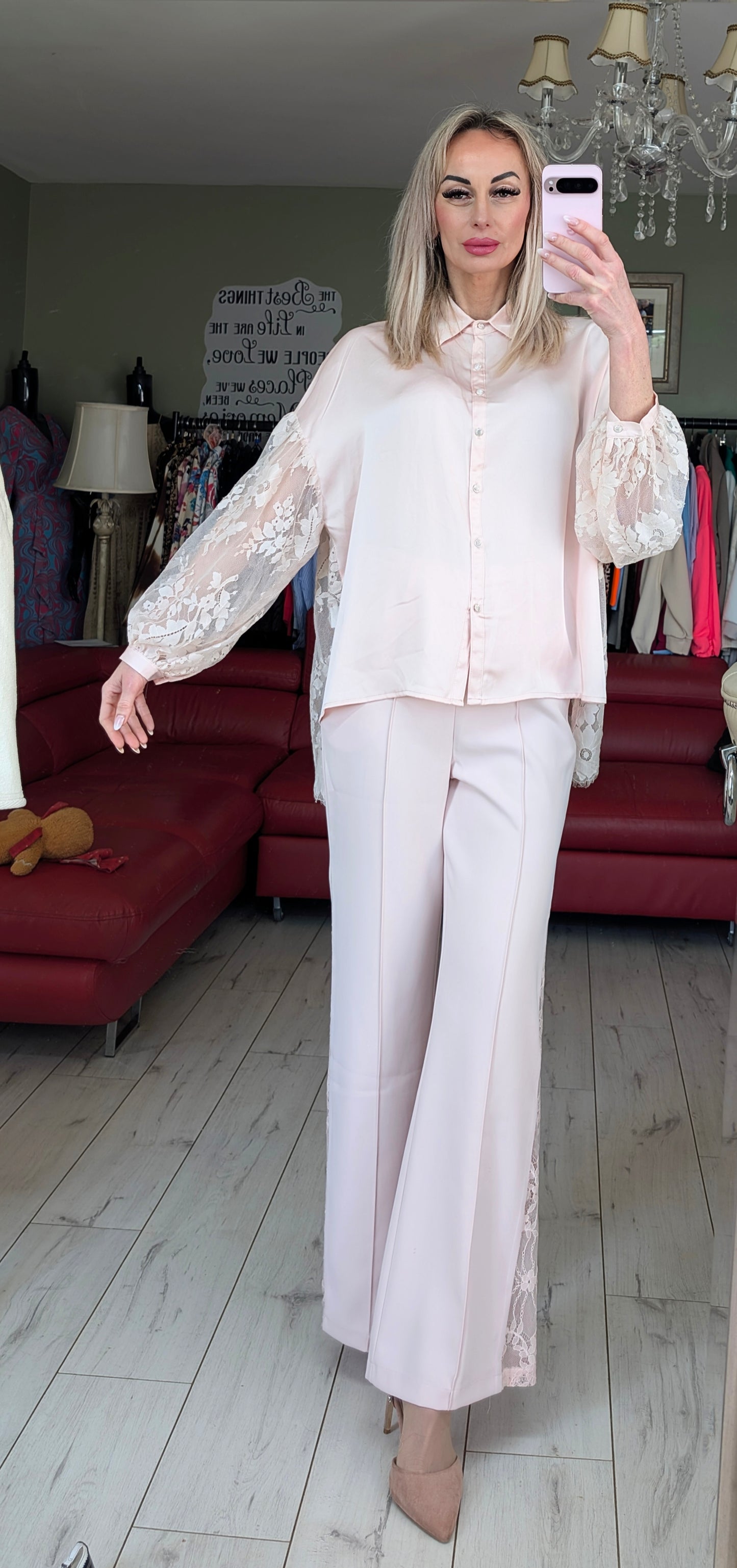 Light Pink Satin And Lace Shirt