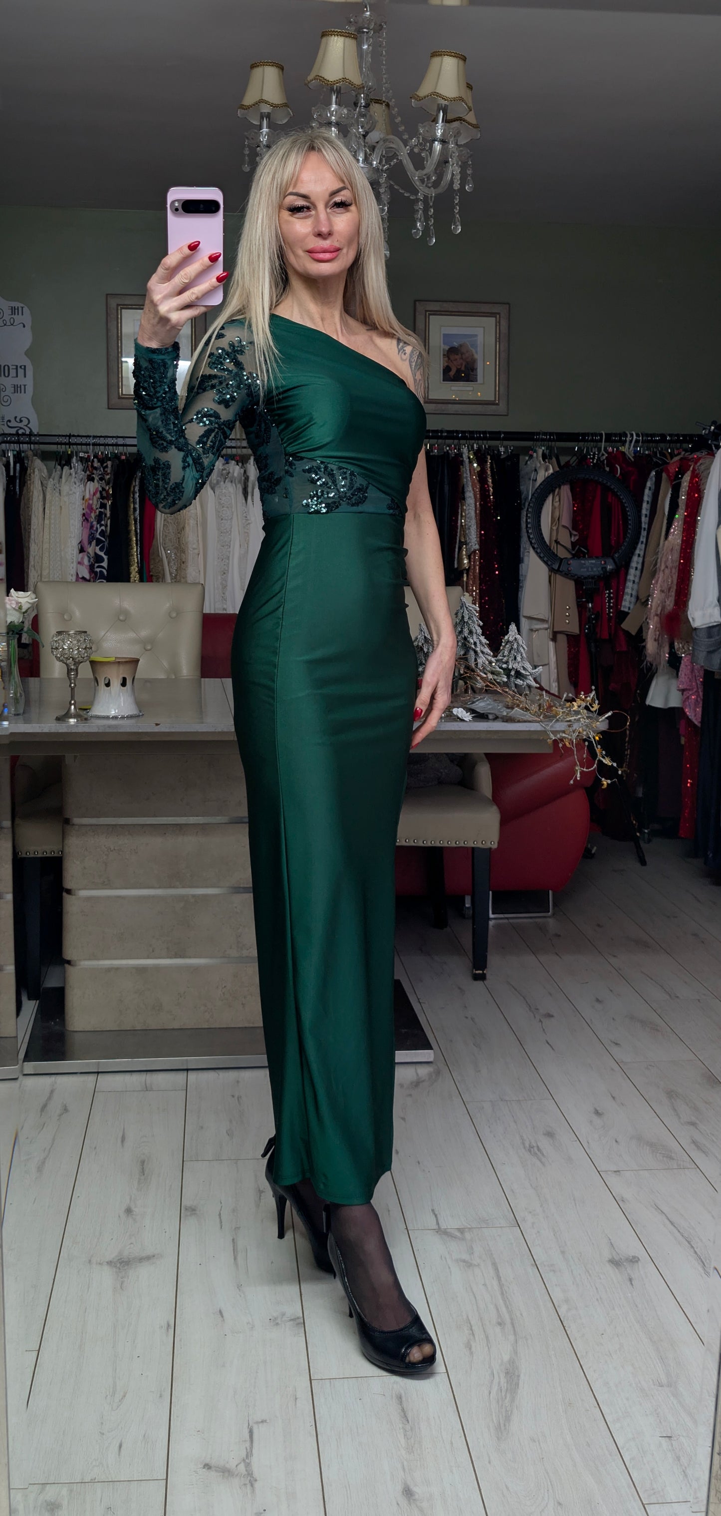 Green And Navy Long Evening Dress