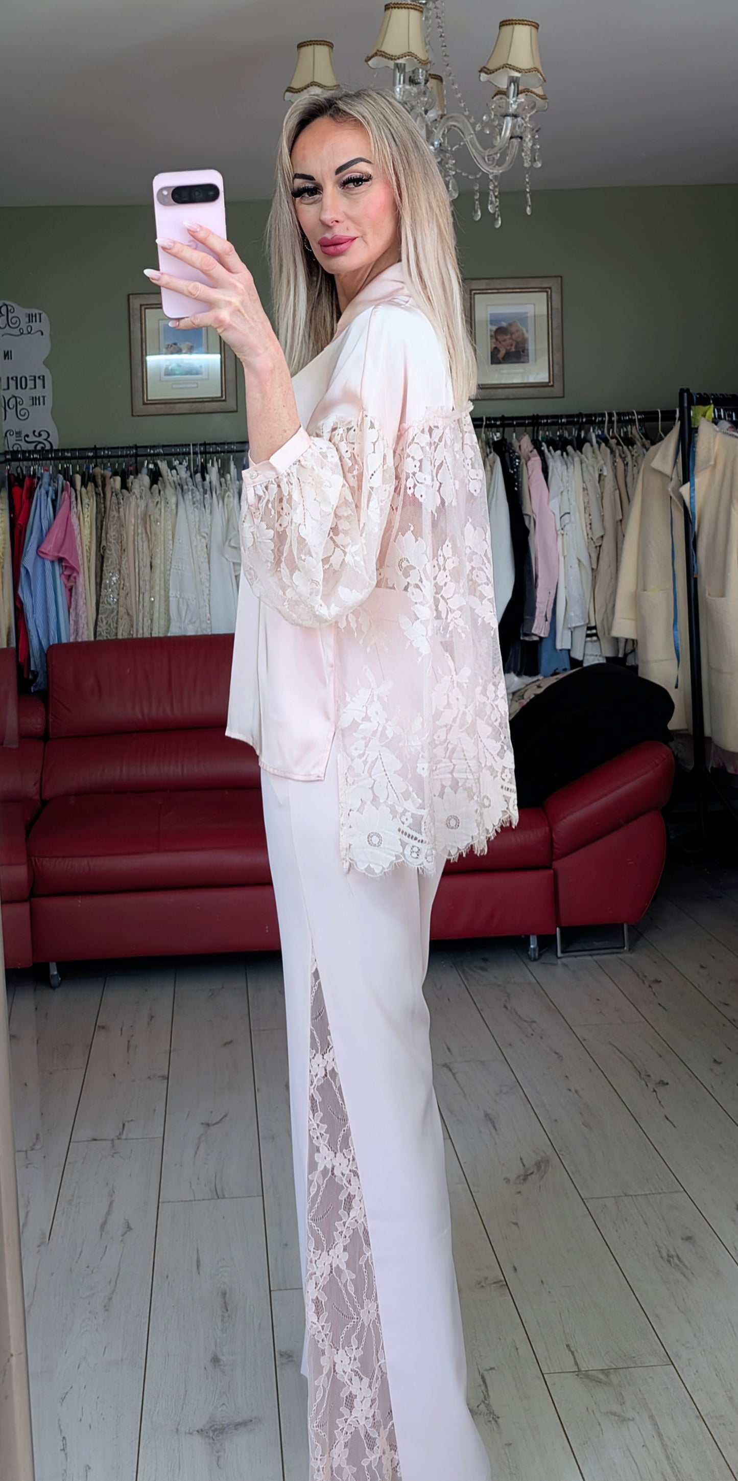 Light Pink Satin And Lace Shirt
