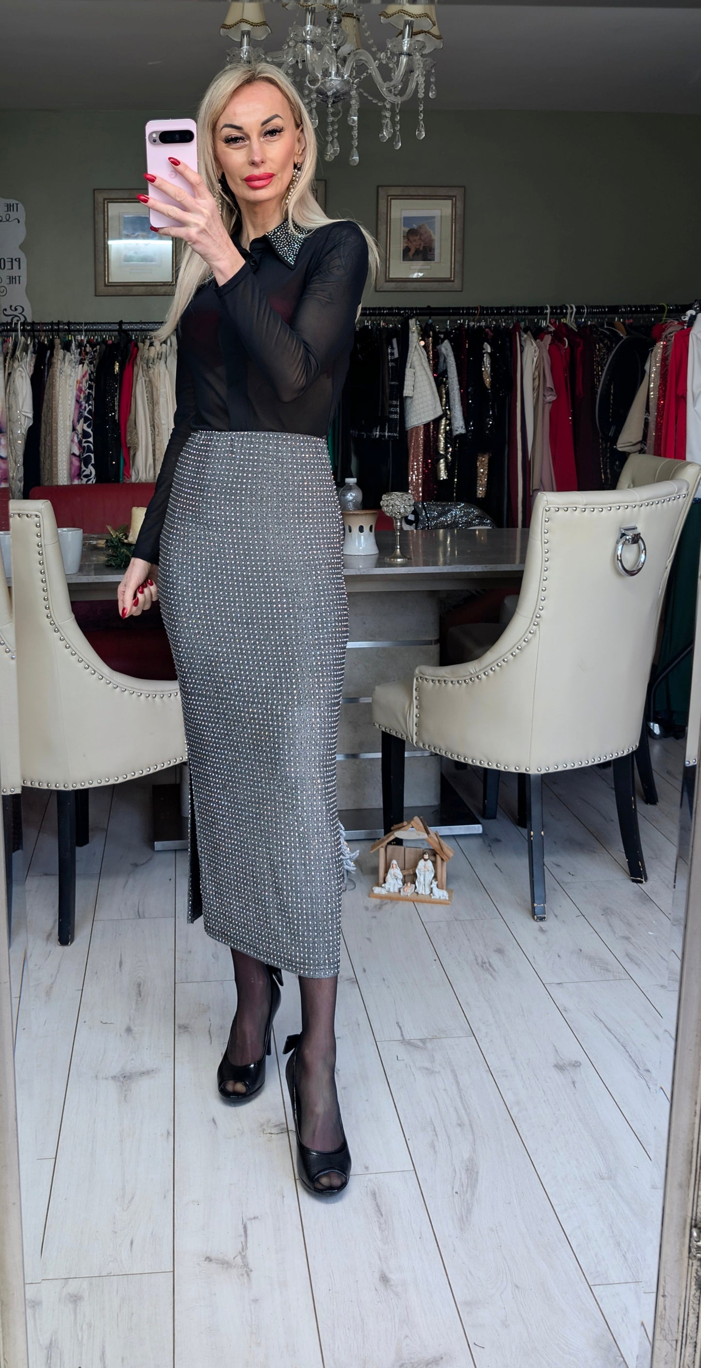 Rhinestones Long Skirt With Split