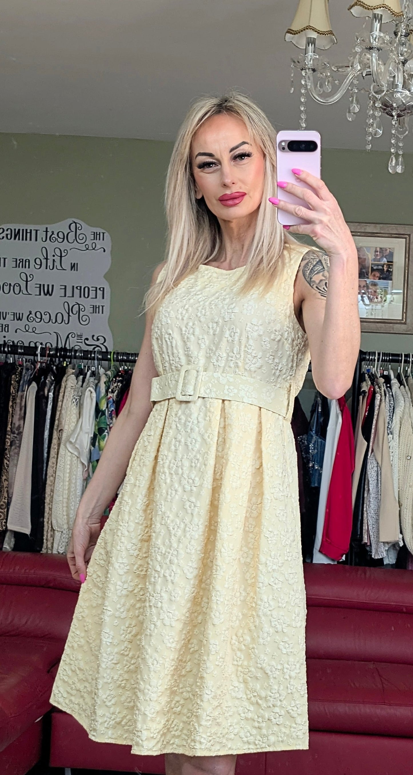 Yellow Midi Dress With White Small Flowers Print