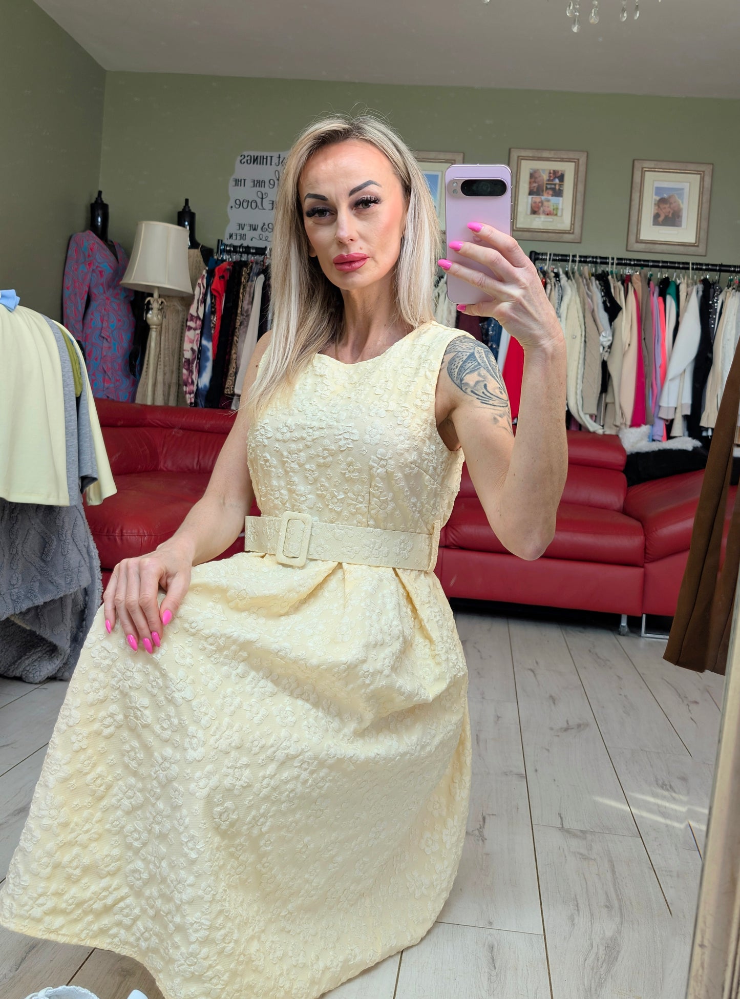 Yellow Midi Dress With White Small Flowers Print