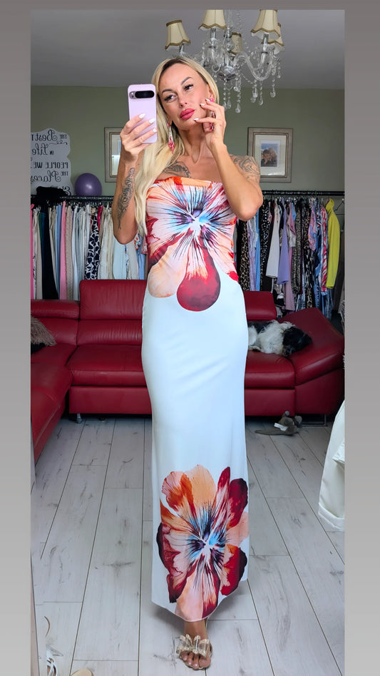 Luxury White With Printed  Flowers Dress