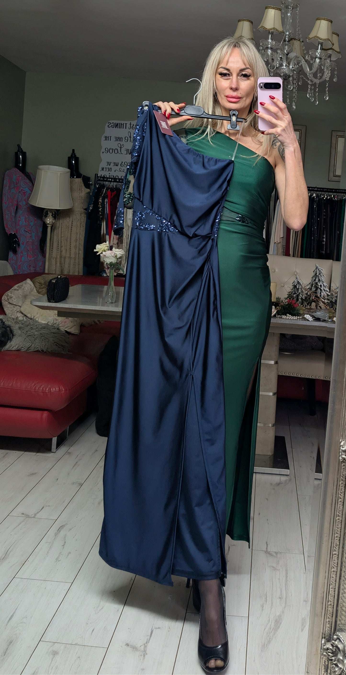 Green And Navy Long Evening Dress