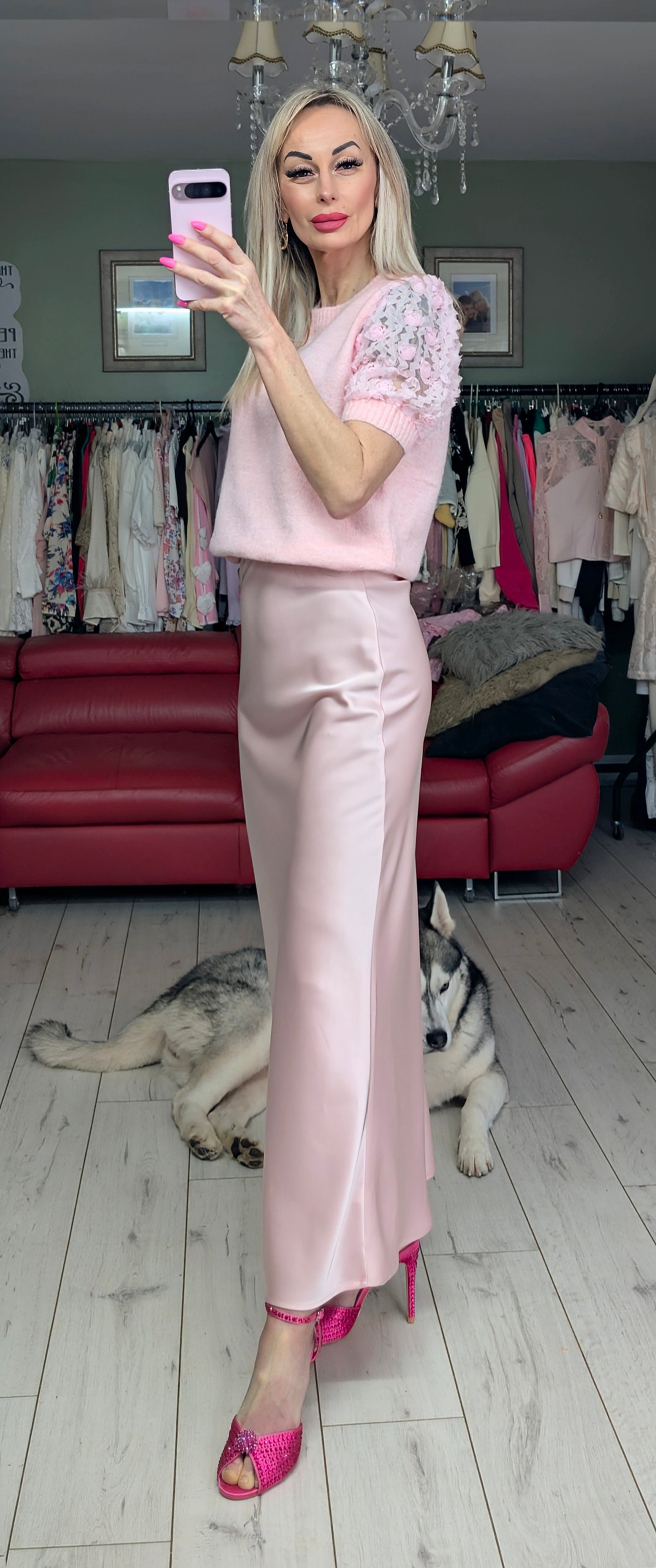 Stunning Long Satin Skirt Light Pink
