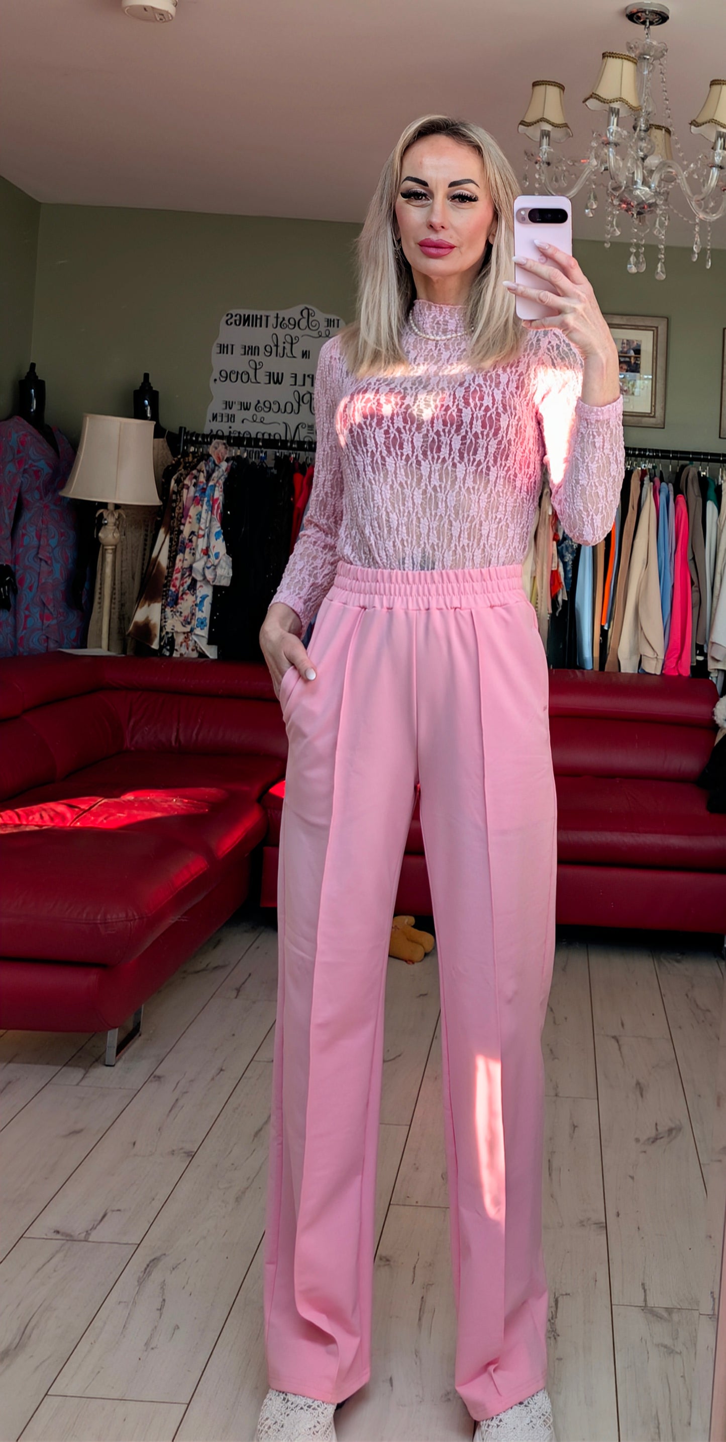High Neck Baby Pink Lace Top