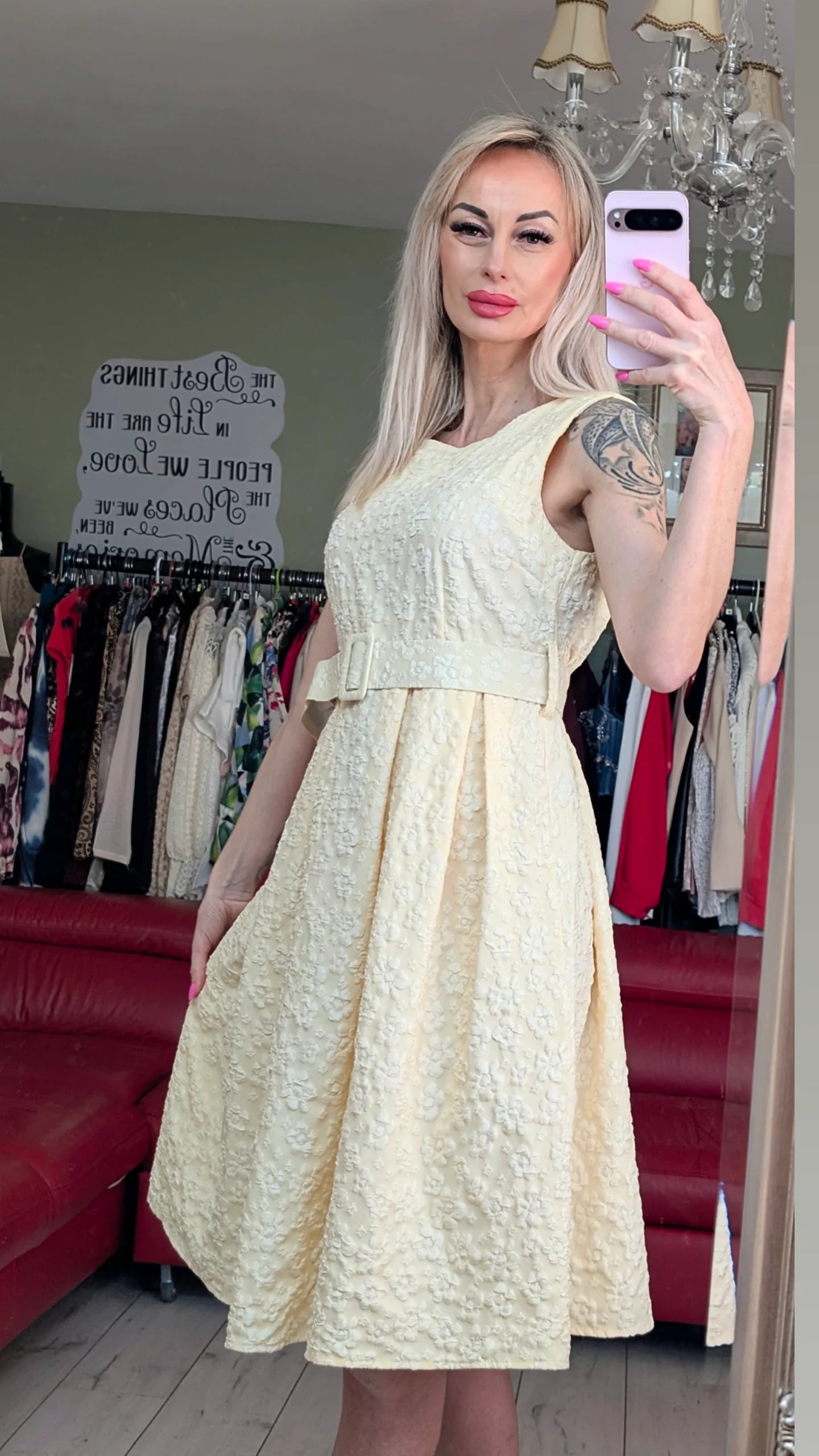 Yellow Midi Dress With White Small Flowers Print