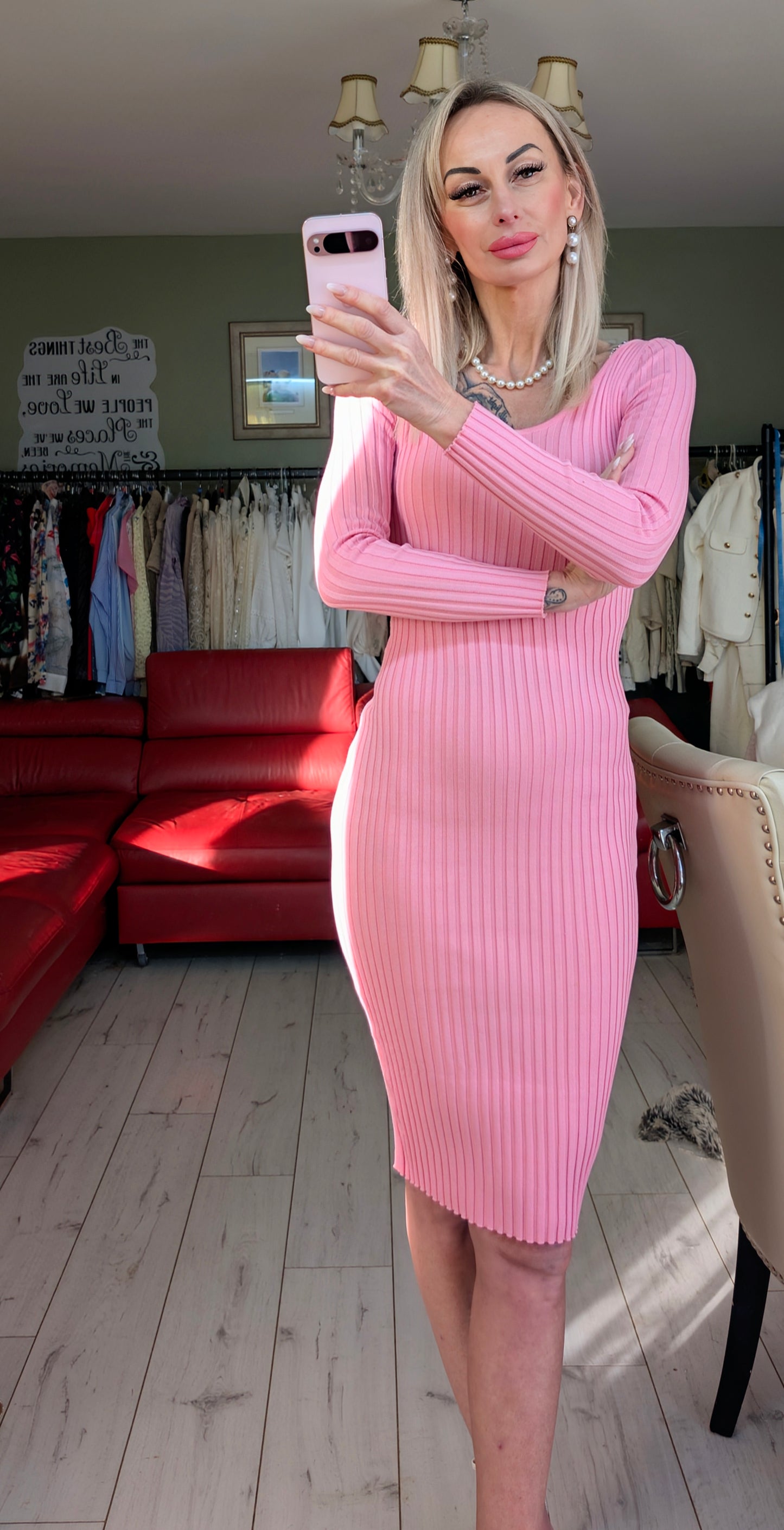 Ribbed Baby Pink Midi Dress