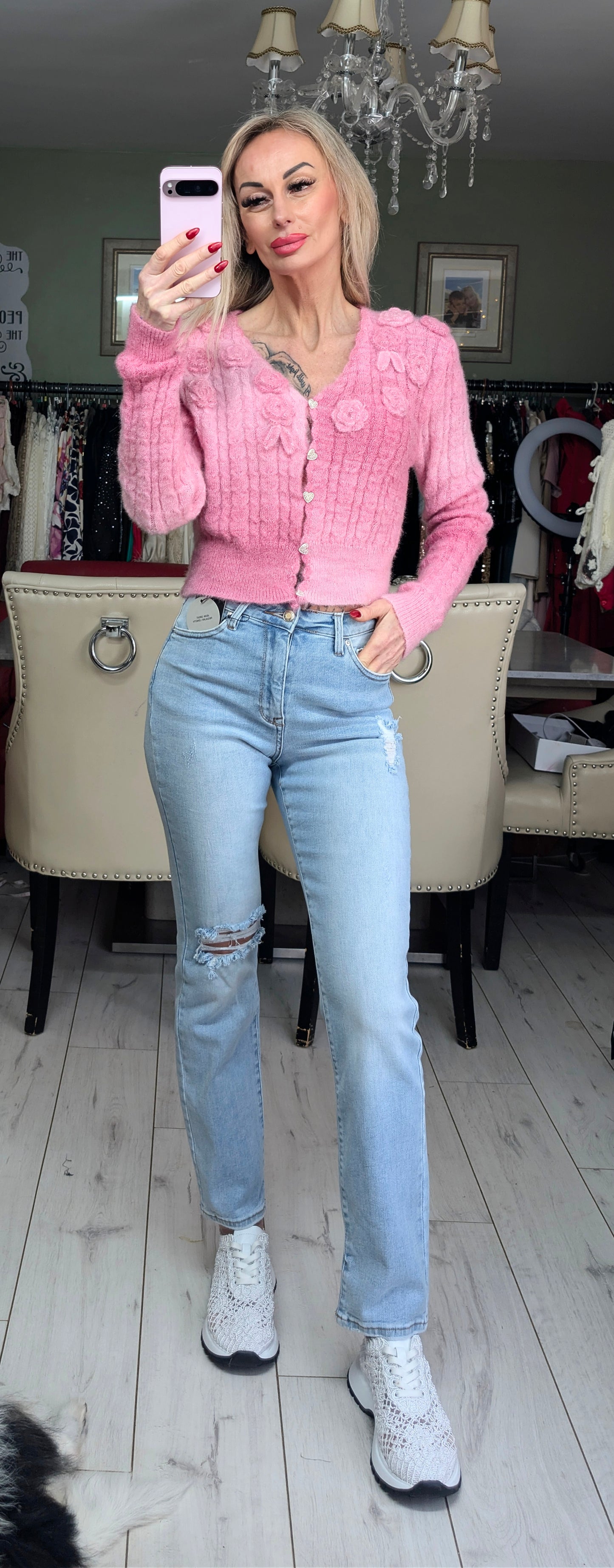 Stunning Ombre Cardigan With 3D Roses And Heart Buttons