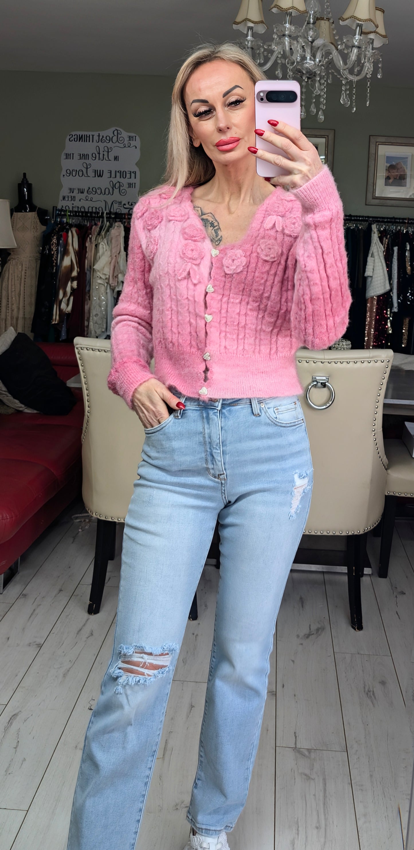 Stunning Ombre Cardigan With 3D Roses And Heart Buttons