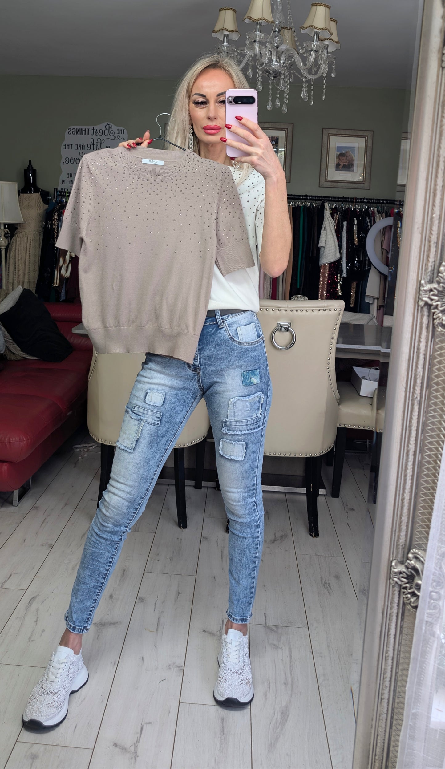 Knitted Top Sweater With Rhinestones Details