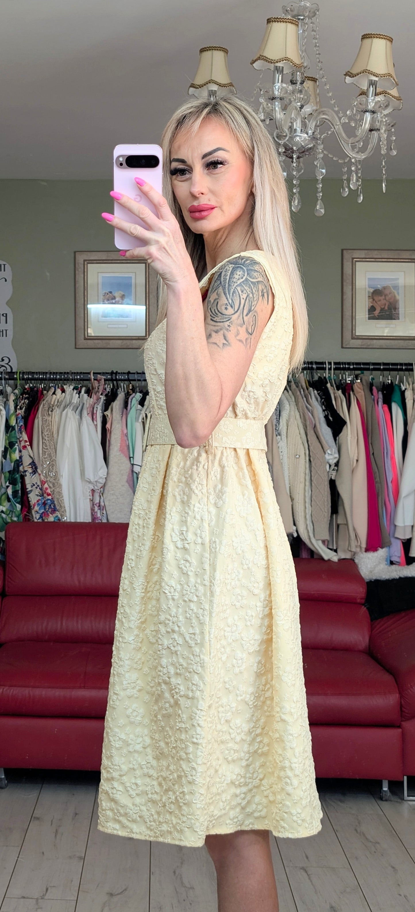Yellow Midi Dress With White Small Flowers Print