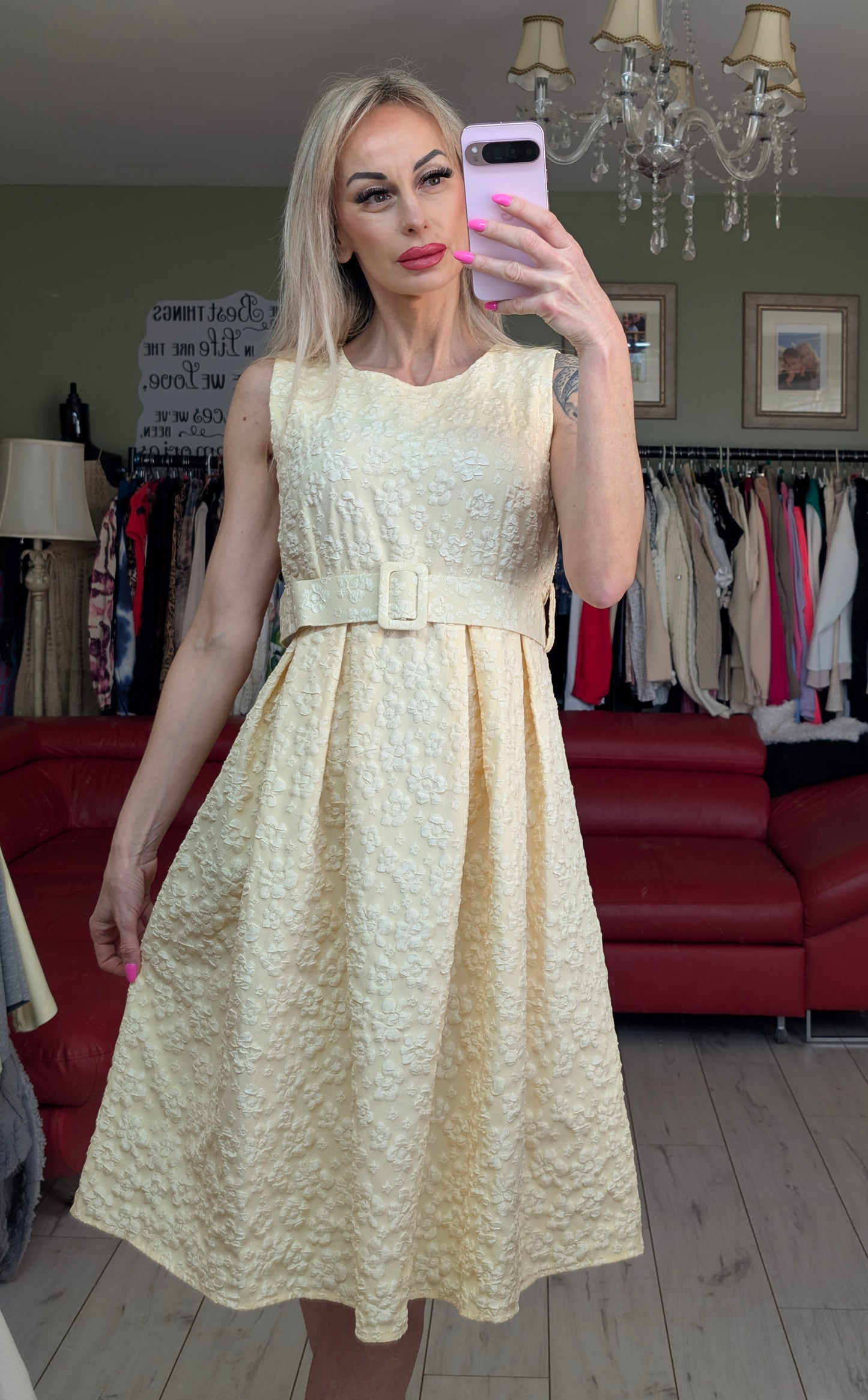 Yellow Midi Dress With White Small Flowers Print