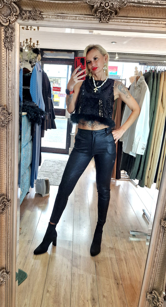 Short Sleeveless Sequin Top With Feather Trim