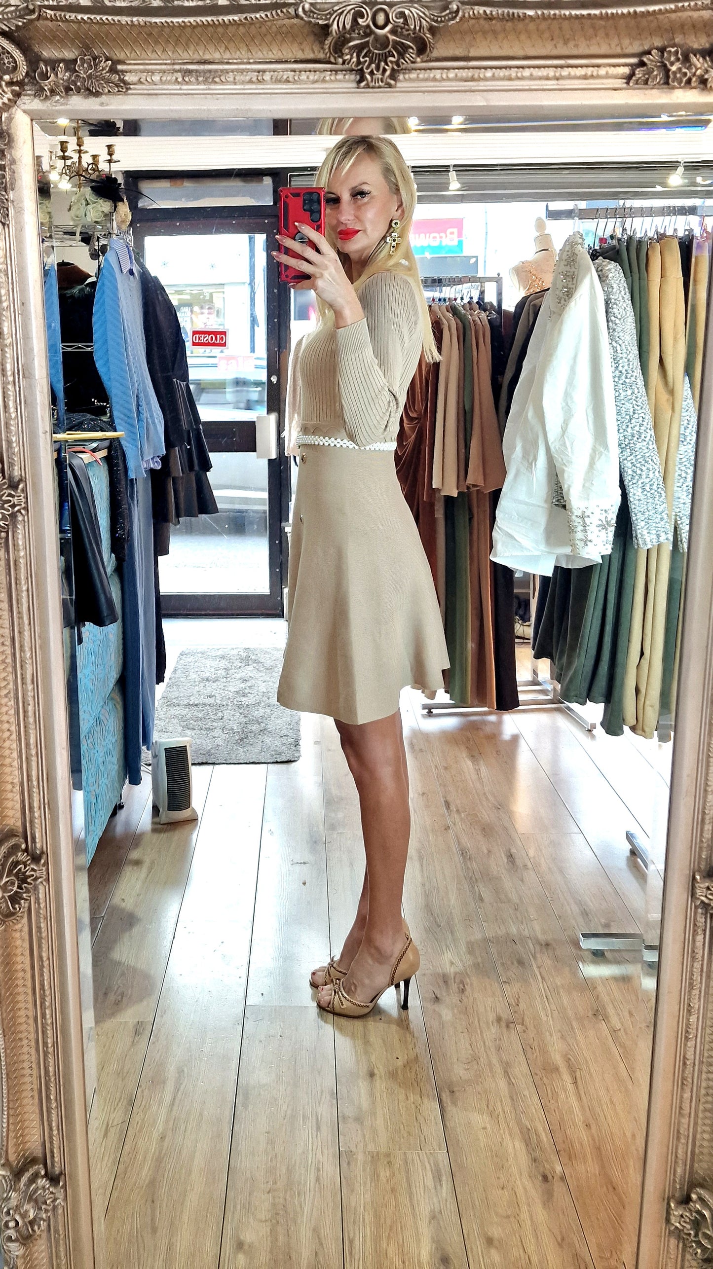 Beige Sweater Dress With Gold Buttons