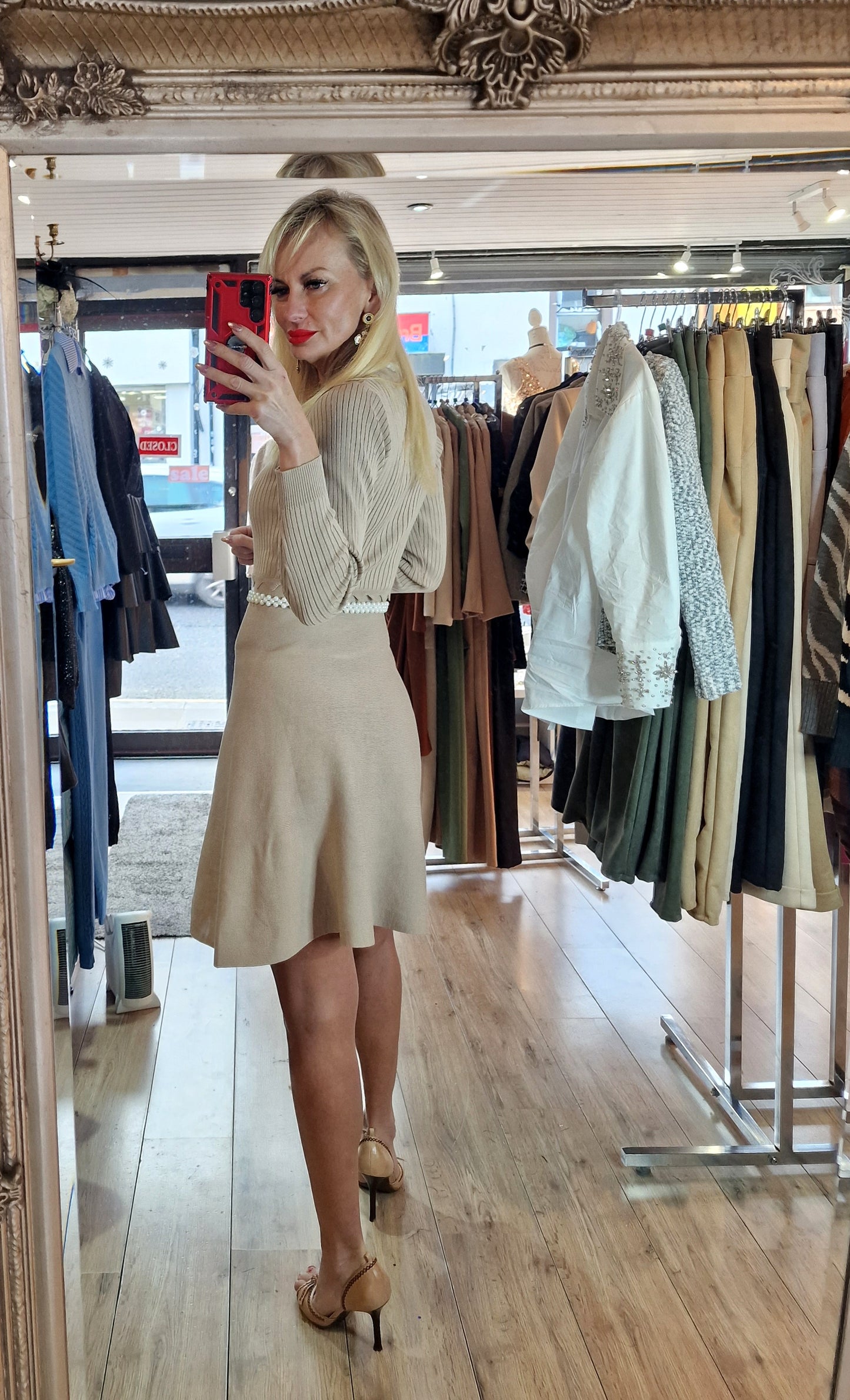 Beige Sweater Dress With Gold Buttons