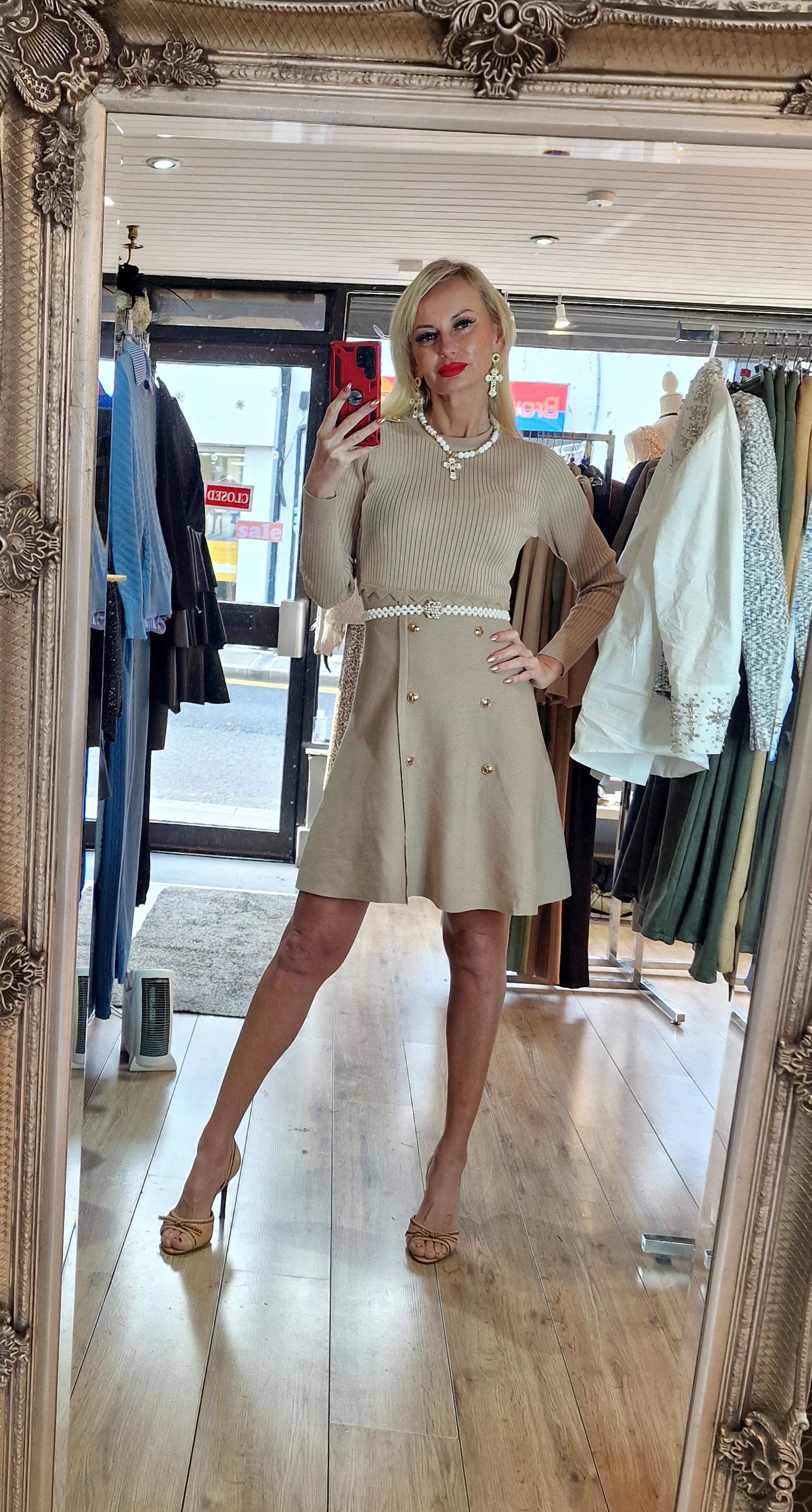 Beige Sweater Dress With Gold Buttons