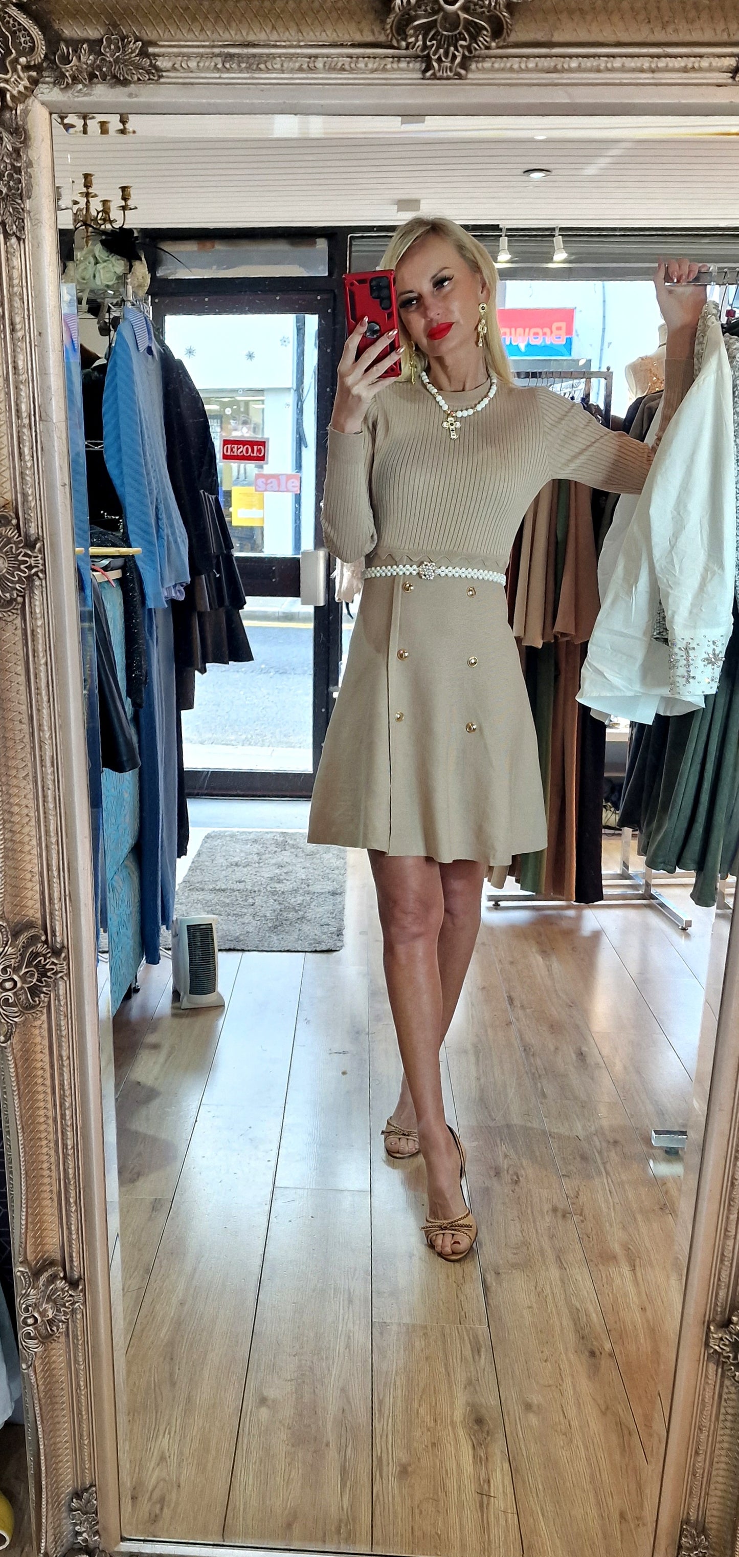 Beige Sweater Dress With Gold Buttons