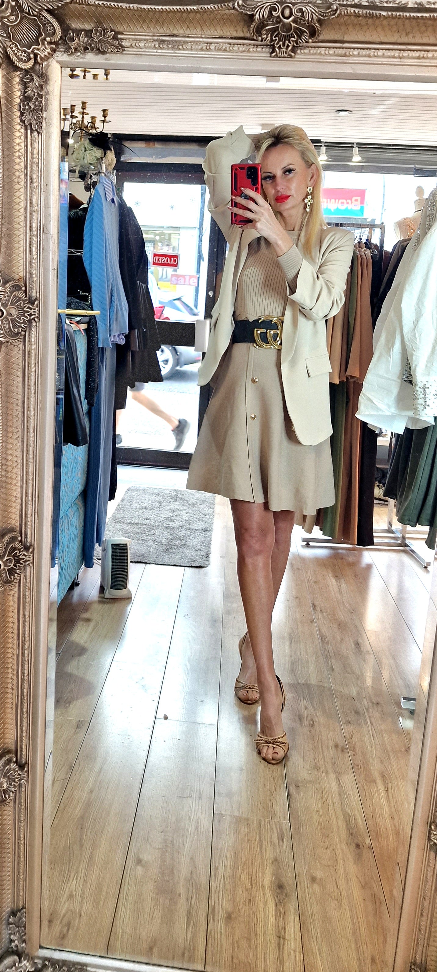 Beige Sweater Dress With Gold Buttons