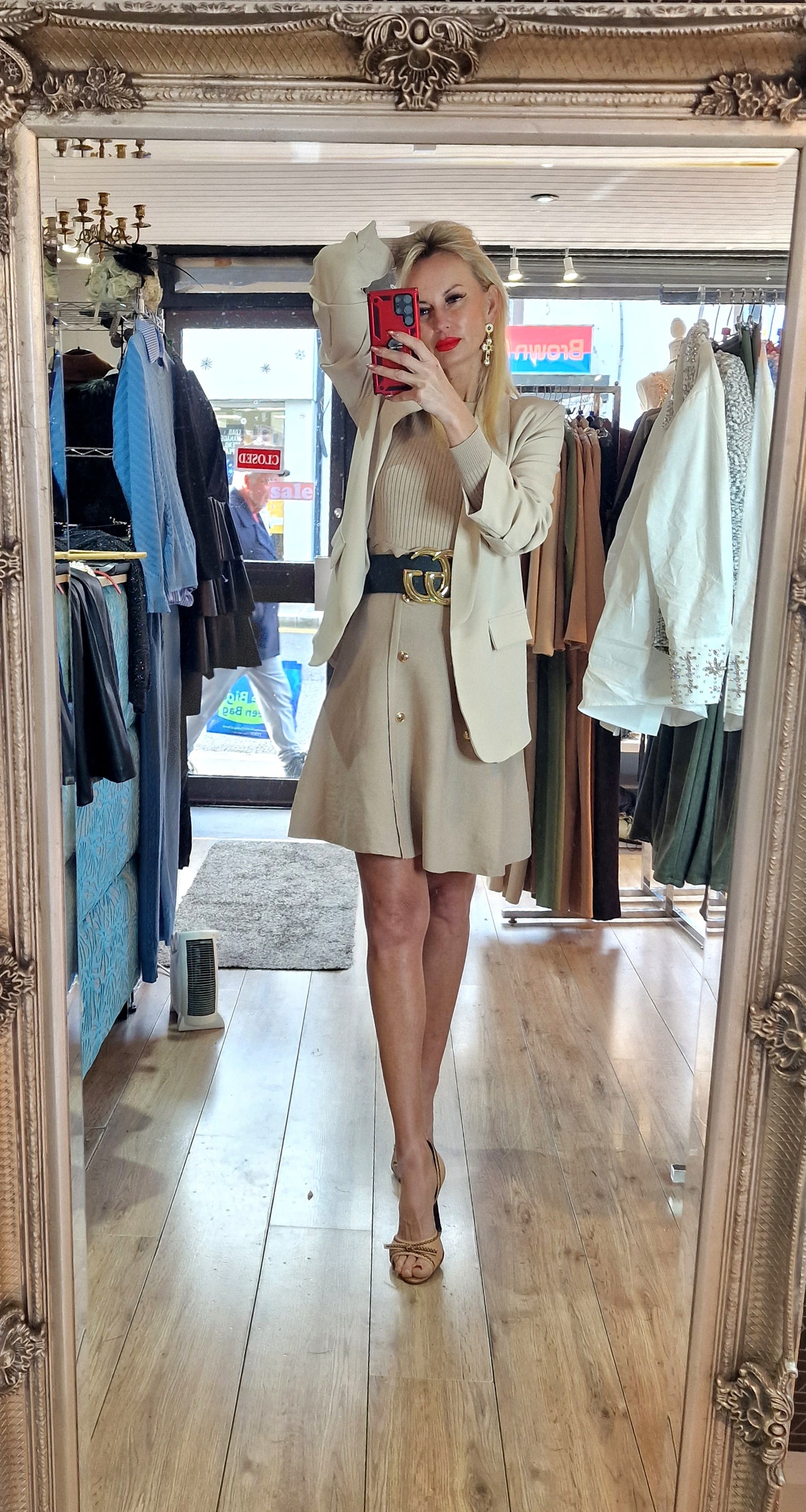 Beige Sweater Dress With Gold Buttons