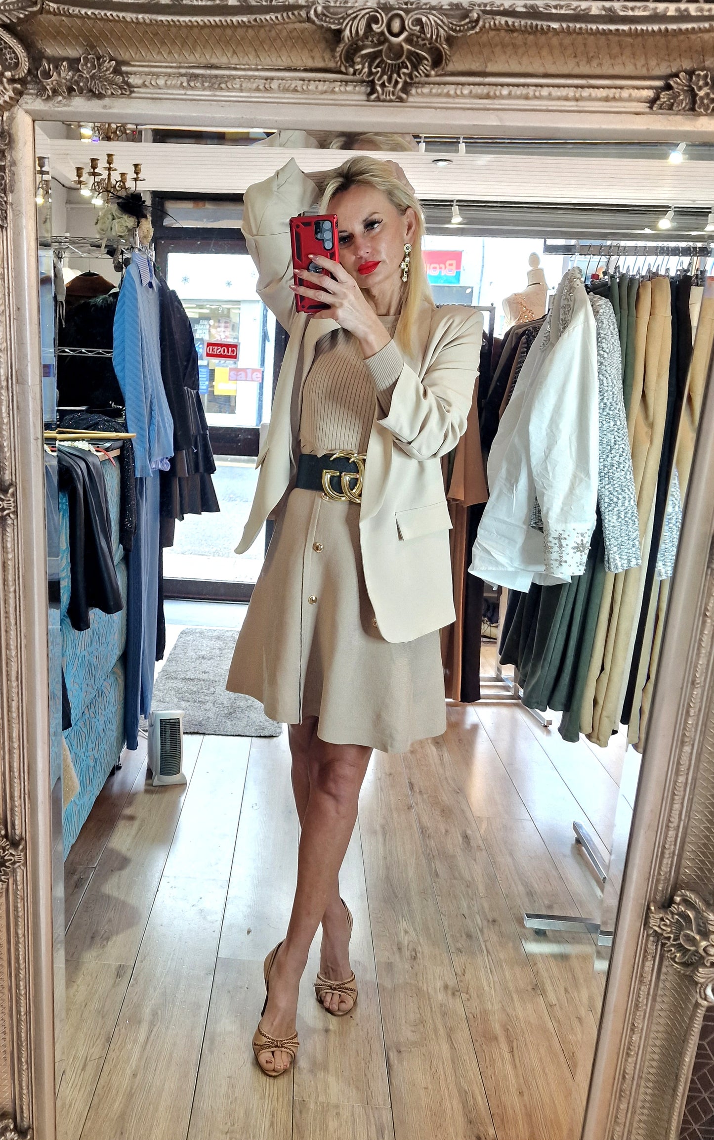 Beige Sweater Dress With Gold Buttons