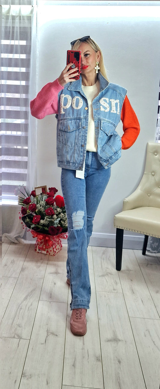 Denim Jacket With Pearls From Paris
